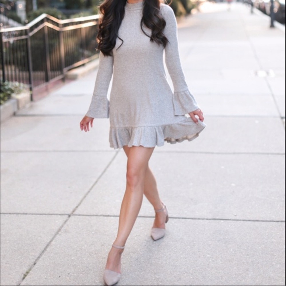 Express Mock Neck Ribbed Ruffle Sweater Dress - Picture 3 of 6